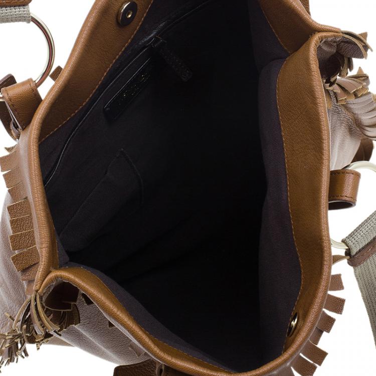 Pre Owned Saint Laurent Paris Brown Leather Fringe Grommet Signature Tote