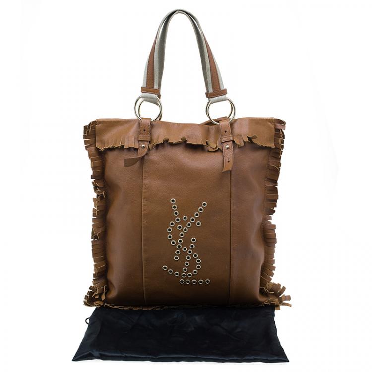Pre Owned Saint Laurent Paris Brown Leather Fringe Grommet Signature Tote