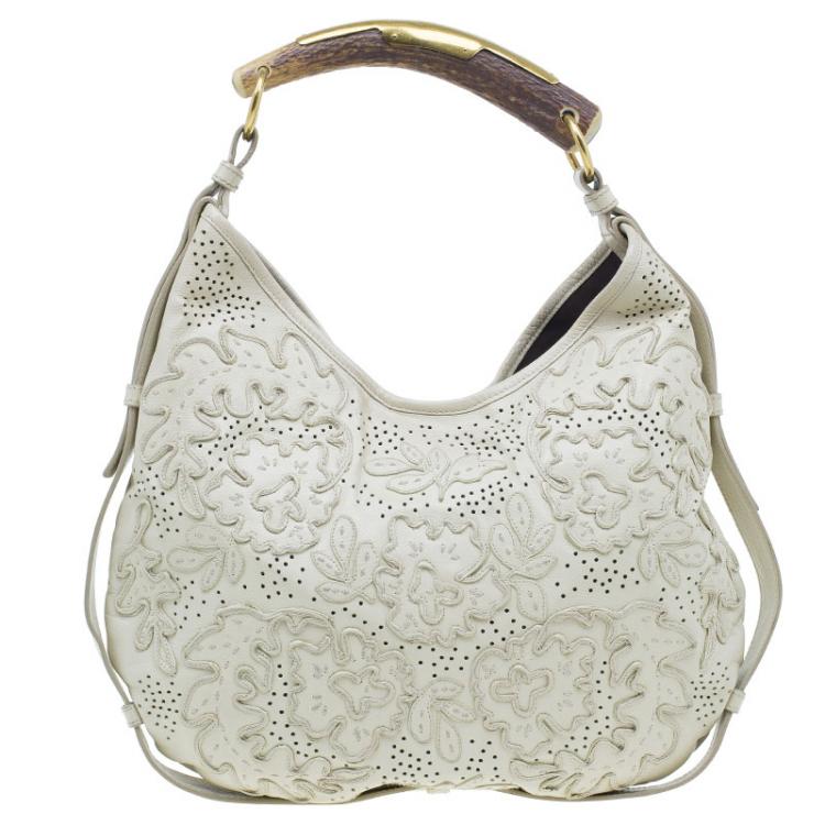Pre Owned Saint Laurent Paris Cream Leather Limited Edition Mombasa Horn Hobo Bag