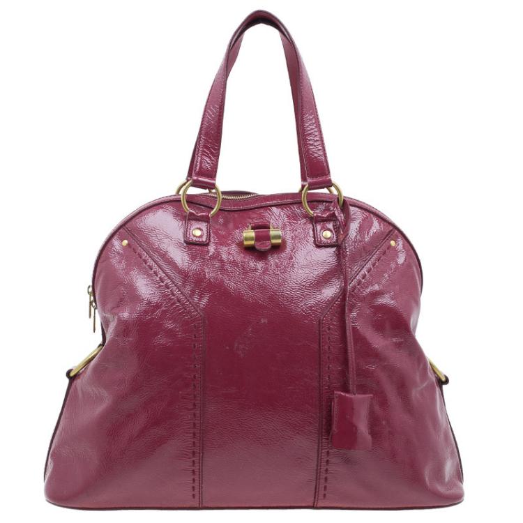 Pre Owned Saint Laurent Paris Burgundy Patent Leather Oversize Muse Tote