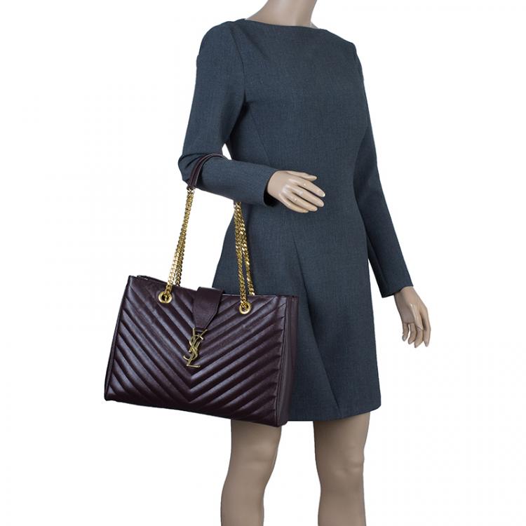 Pre Owned Saint Laurent Paris Burgundy Matelasse Leather Cassandre Shopper Tote