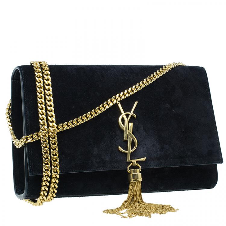 Pre Owned Saint Laurent Paris Black Suede Leather Medium Tassel Crossbody Bag