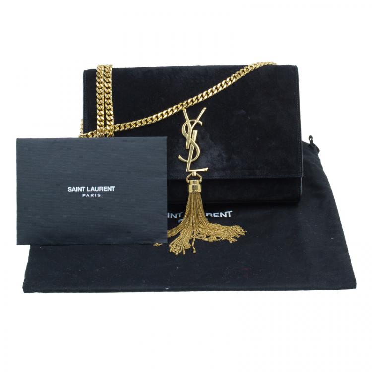 Pre Owned Saint Laurent Paris Black Suede Leather Medium Tassel Crossbody Bag
