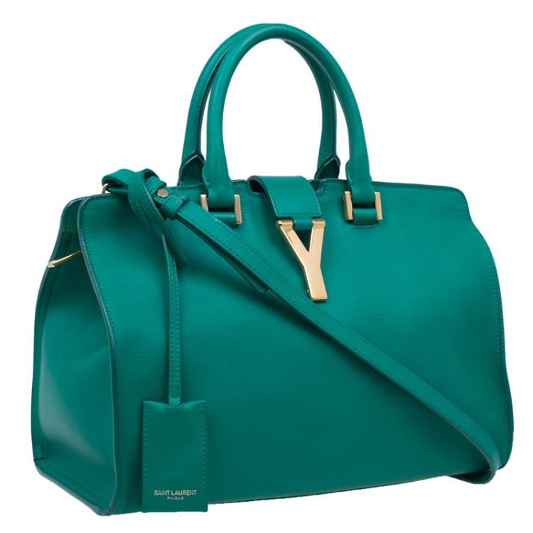 Pre Owned Saint Laurent Paris Green Leather Mini Ligne Y Cabas Bag