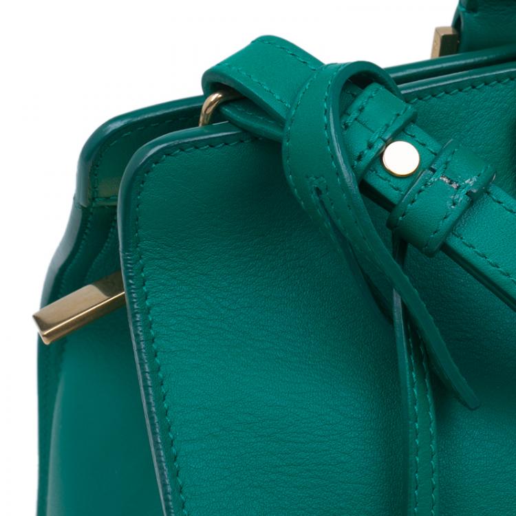 Pre Owned Saint Laurent Paris Green Leather Mini Ligne Y Cabas Bag
