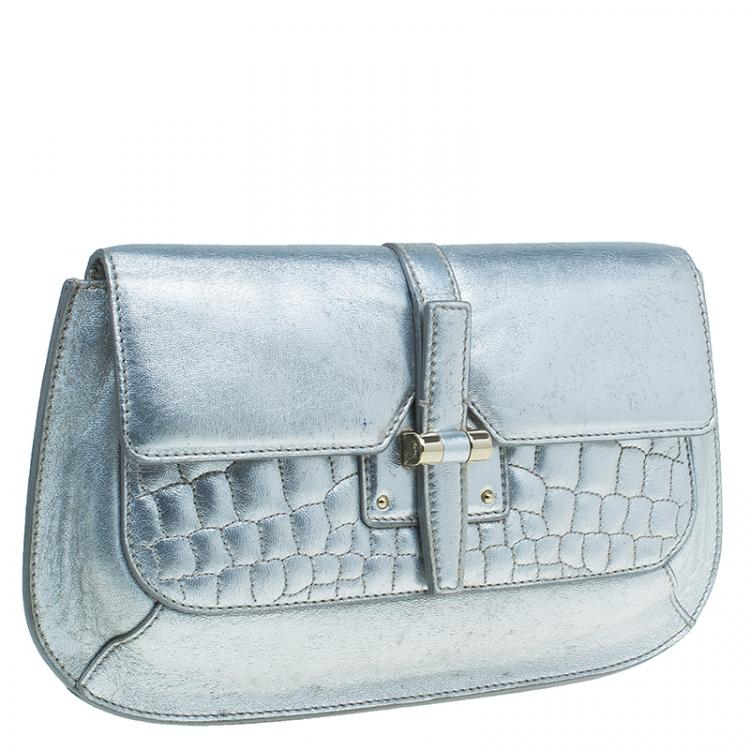 Pre Owned Saint Laurent Paris Silver Croc Embossed Leather Emma Clutch