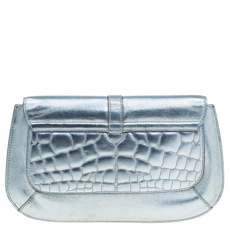 Pre Owned Saint Laurent Paris Silver Croc Embossed Leather Emma Clutch