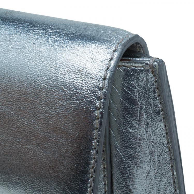 Pre Owned Saint Laurent Paris Silver Croc Embossed Leather Emma Clutch