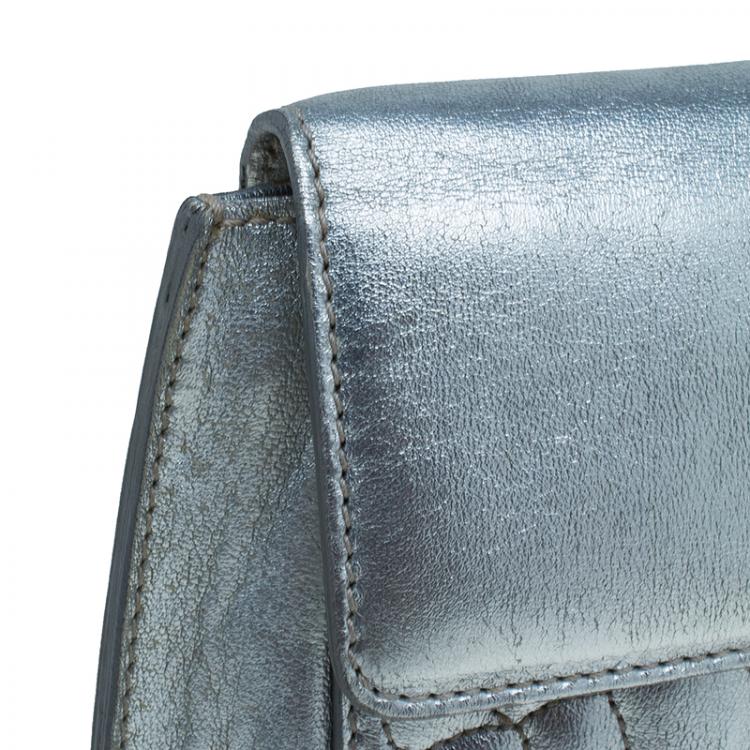 Pre Owned Saint Laurent Paris Silver Croc Embossed Leather Emma Clutch