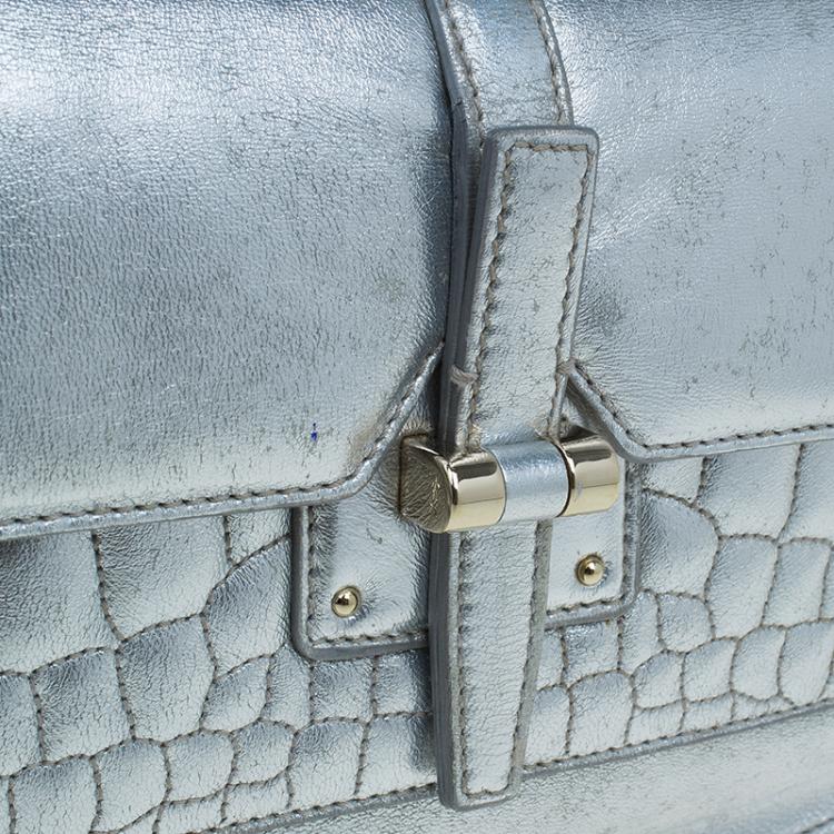 Pre Owned Saint Laurent Paris Silver Croc Embossed Leather Emma Clutch