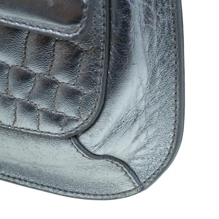 Pre Owned Saint Laurent Paris Silver Croc Embossed Leather Emma Clutch