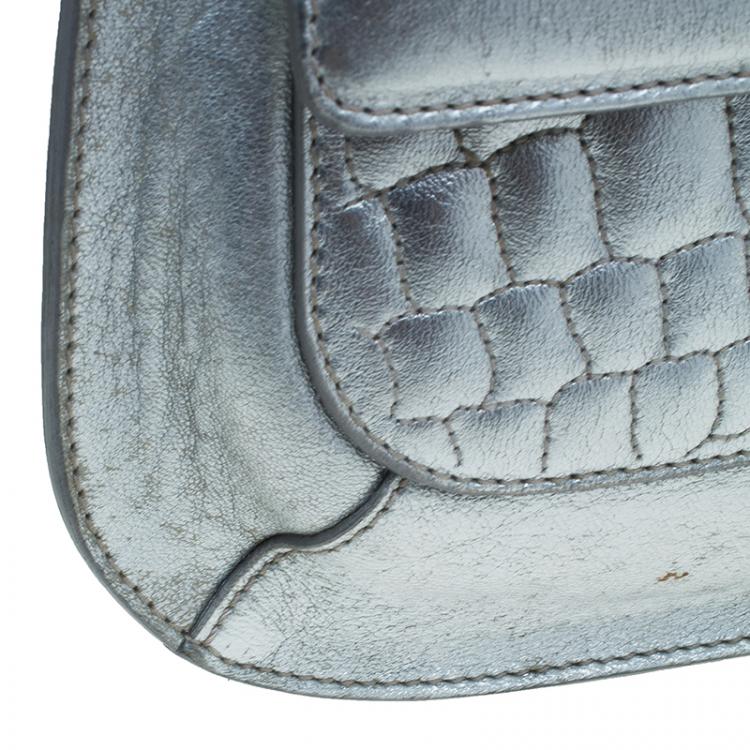 Pre Owned Saint Laurent Paris Silver Croc Embossed Leather Emma Clutch