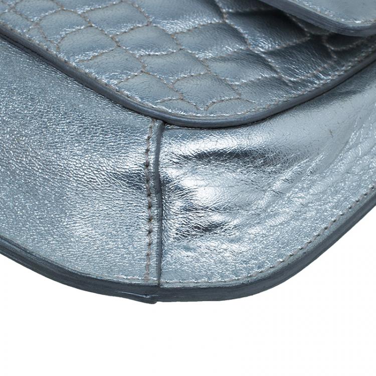 Pre Owned Saint Laurent Paris Silver Croc Embossed Leather Emma Clutch