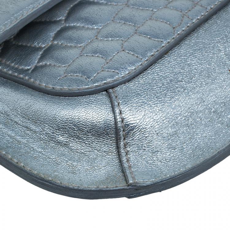 Pre Owned Saint Laurent Paris Silver Croc Embossed Leather Emma Clutch