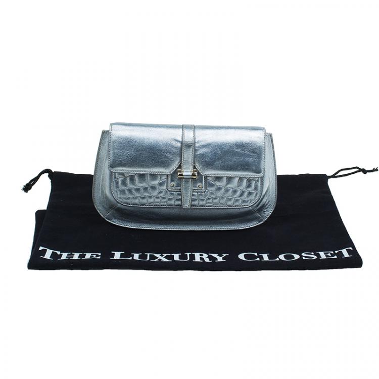 Pre Owned Saint Laurent Paris Silver Croc Embossed Leather Emma Clutch