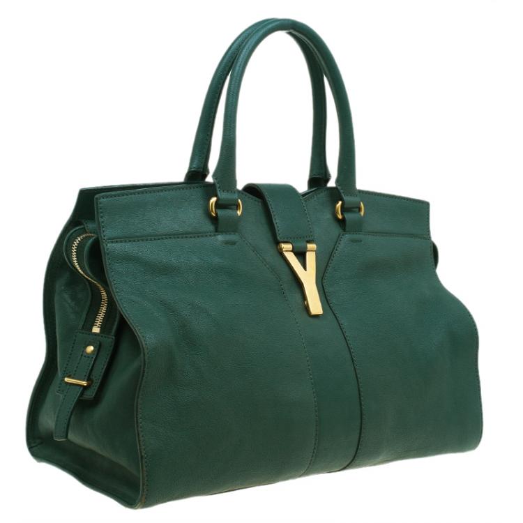 Pre Owned Saint Laurent Paris Green Leather Medium Cabas Chyc Satchel