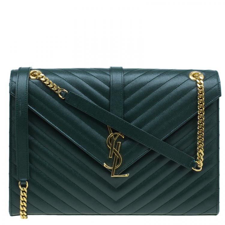 Pre Owned Saint Laurent Paris Green Leather Chevron Flap Shoulder Bag