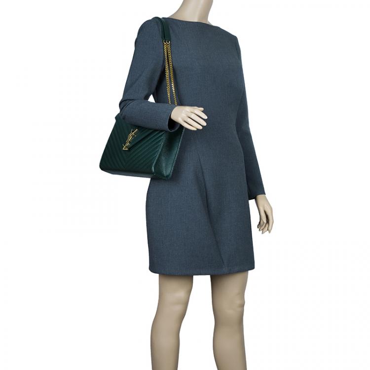 Pre Owned Saint Laurent Paris Green Leather Chevron Flap Shoulder Bag