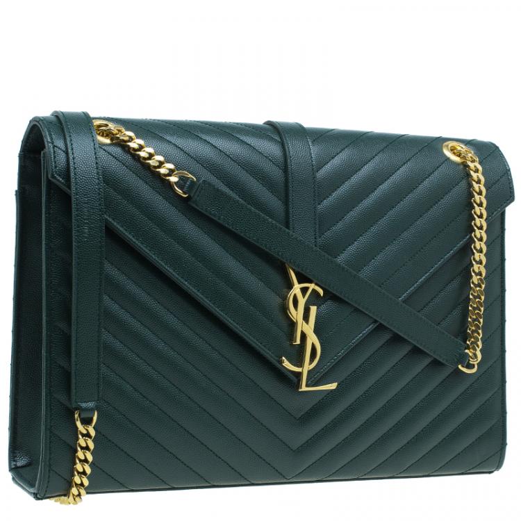 Pre Owned Saint Laurent Paris Green Leather Chevron Flap Shoulder Bag