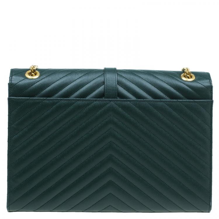 Pre Owned Saint Laurent Paris Green Leather Chevron Flap Shoulder Bag