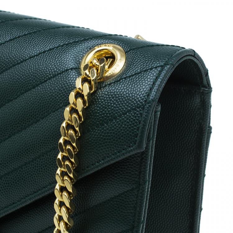 Pre Owned Saint Laurent Paris Green Leather Chevron Flap Shoulder Bag