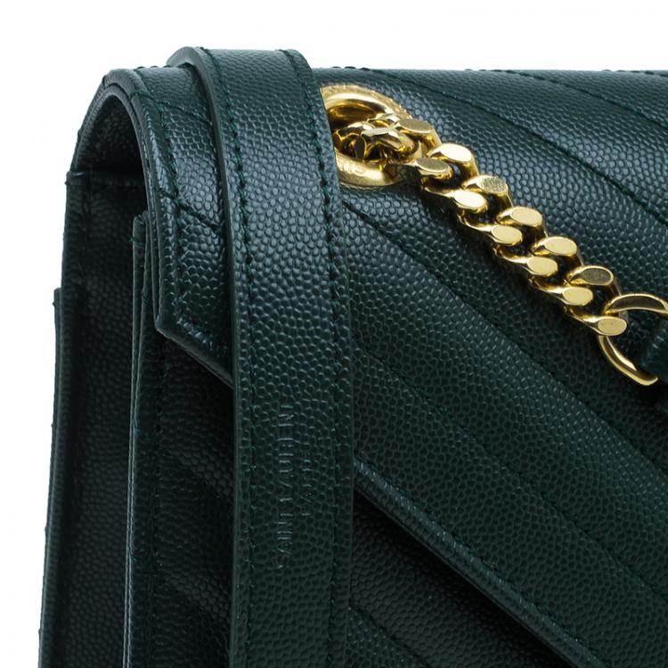 Pre Owned Saint Laurent Paris Green Leather Chevron Flap Shoulder Bag