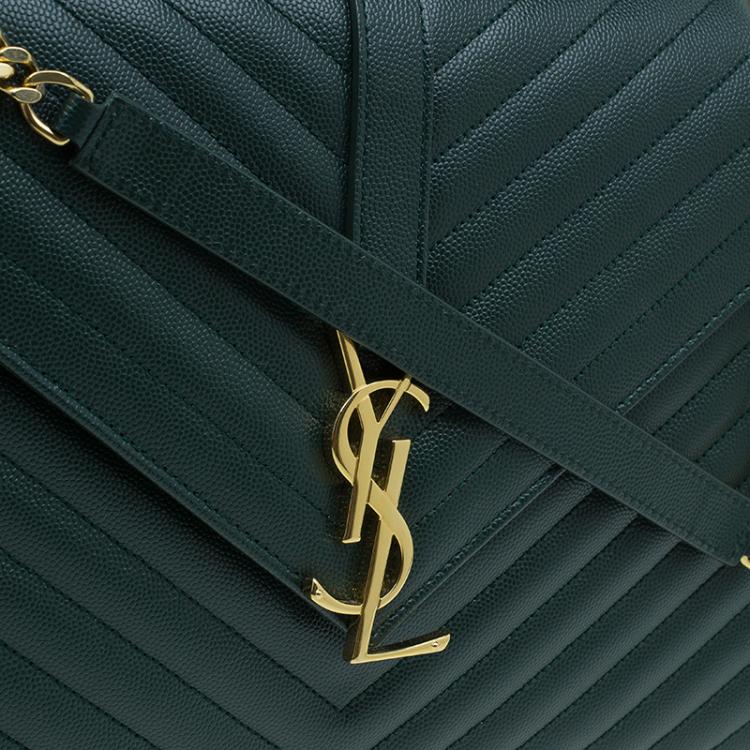 Pre Owned Saint Laurent Paris Green Leather Chevron Flap Shoulder Bag