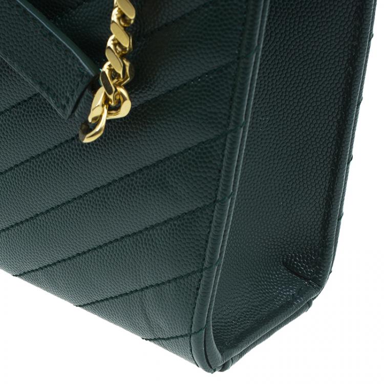 Pre Owned Saint Laurent Paris Green Leather Chevron Flap Shoulder Bag