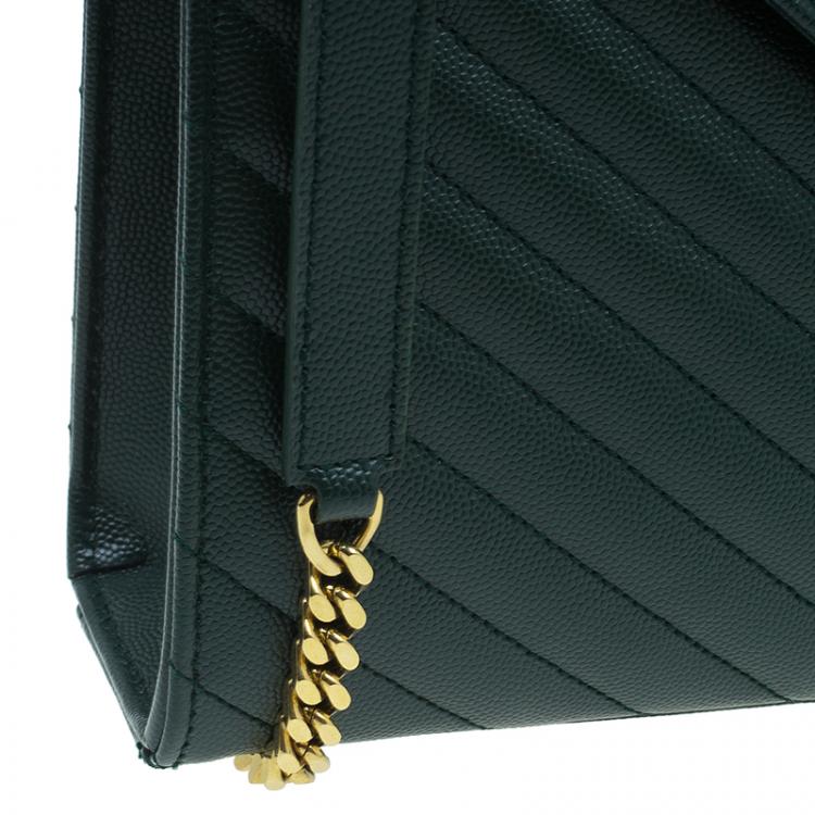 Pre Owned Saint Laurent Paris Green Leather Chevron Flap Shoulder Bag