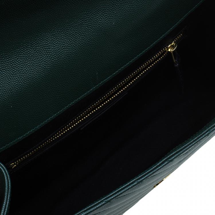 Pre Owned Saint Laurent Paris Green Leather Chevron Flap Shoulder Bag