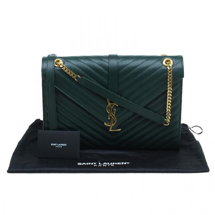 Pre Owned Saint Laurent Paris Green Leather Chevron Flap Shoulder Bag