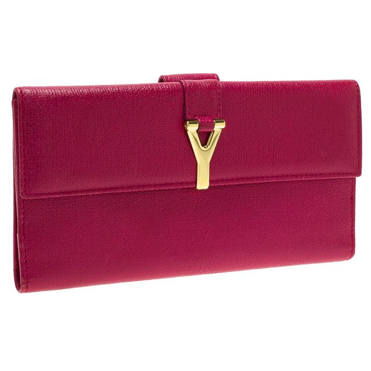 Pre Owned Saint Laurent Paris Pink Leather Ligne Y Charm Flap Wallet 