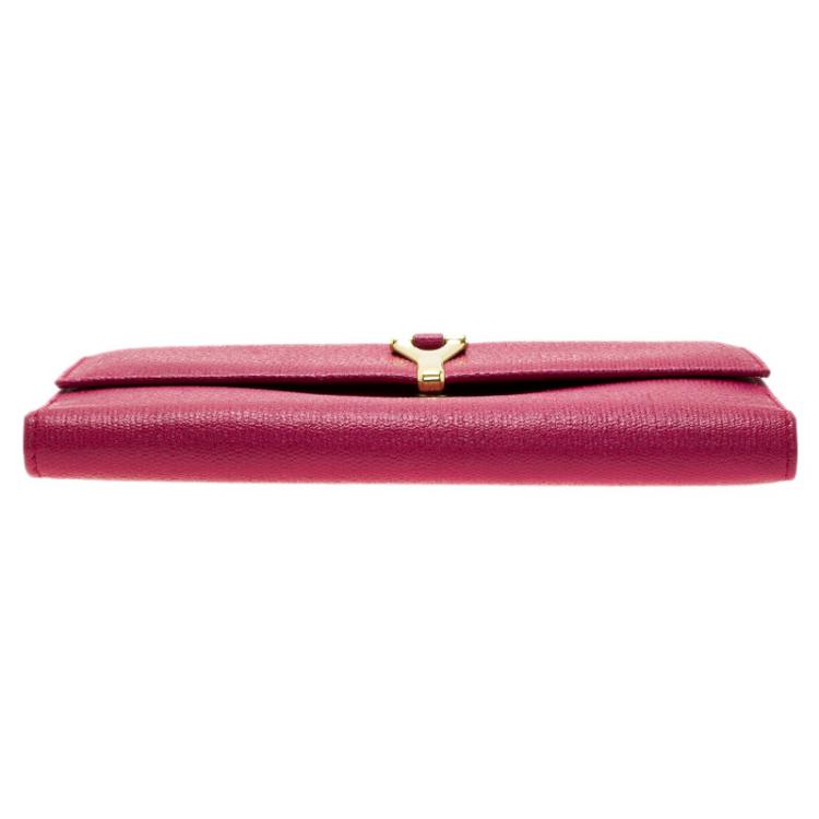 Pre Owned Saint Laurent Paris Pink Leather Ligne Y Charm Flap Wallet 