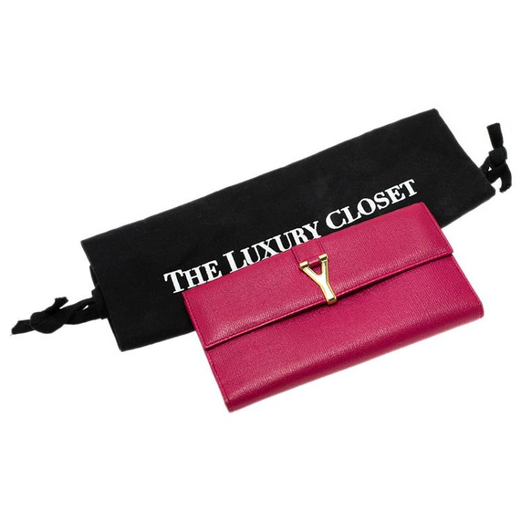 Pre Owned Saint Laurent Paris Pink Leather Ligne Y Charm Flap Wallet 