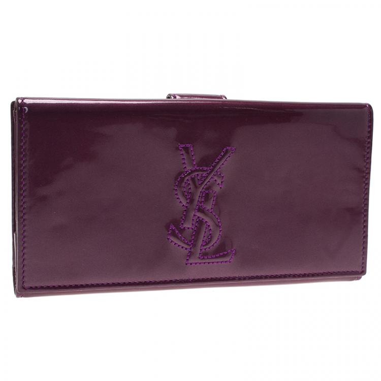 Pre Owned Saint Laurent Paris Purple Patent Logo Embossed Flap Wallet 