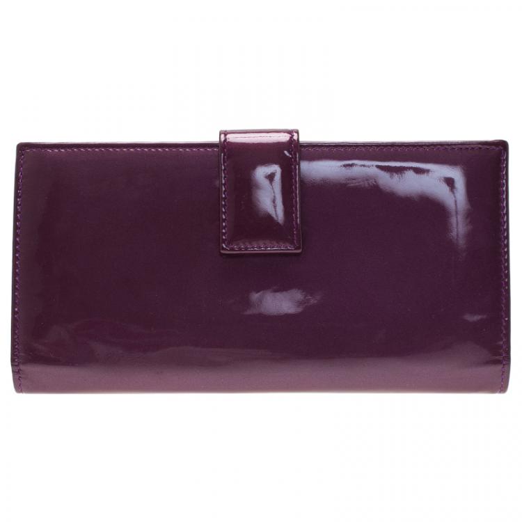 Pre Owned Saint Laurent Paris Purple Patent Logo Embossed Flap Wallet 