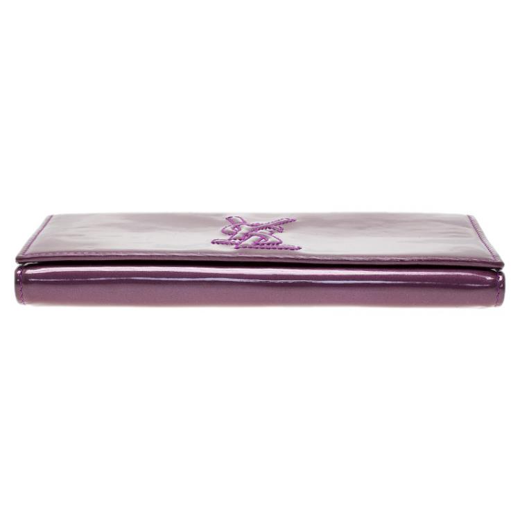 Pre Owned Saint Laurent Paris Purple Patent Logo Embossed Flap Wallet 