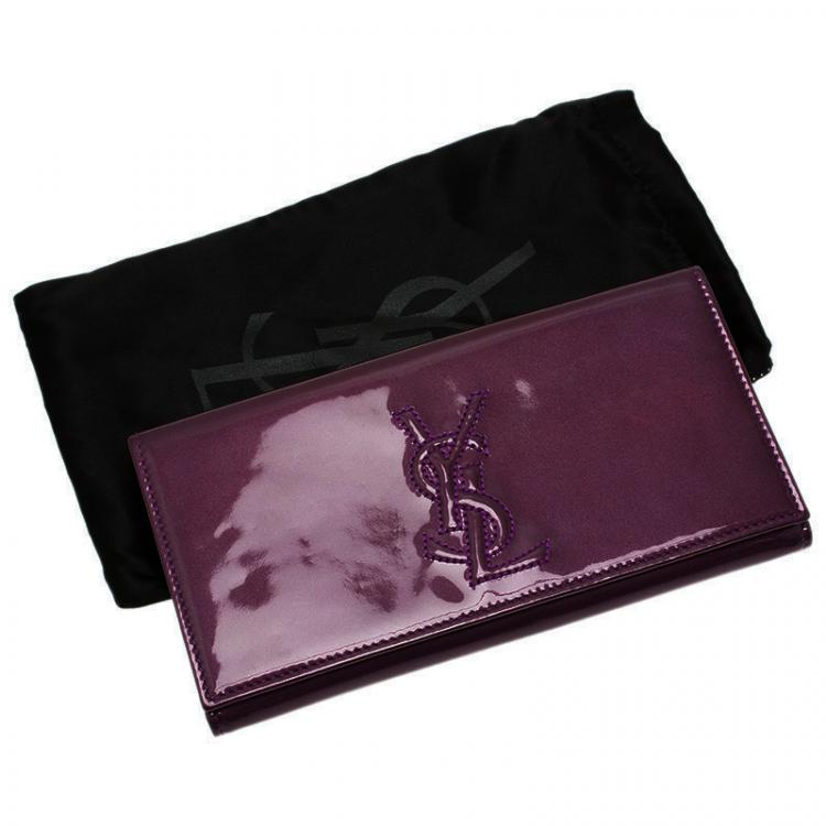 Pre Owned Saint Laurent Paris Purple Patent Logo Embossed Flap Wallet 