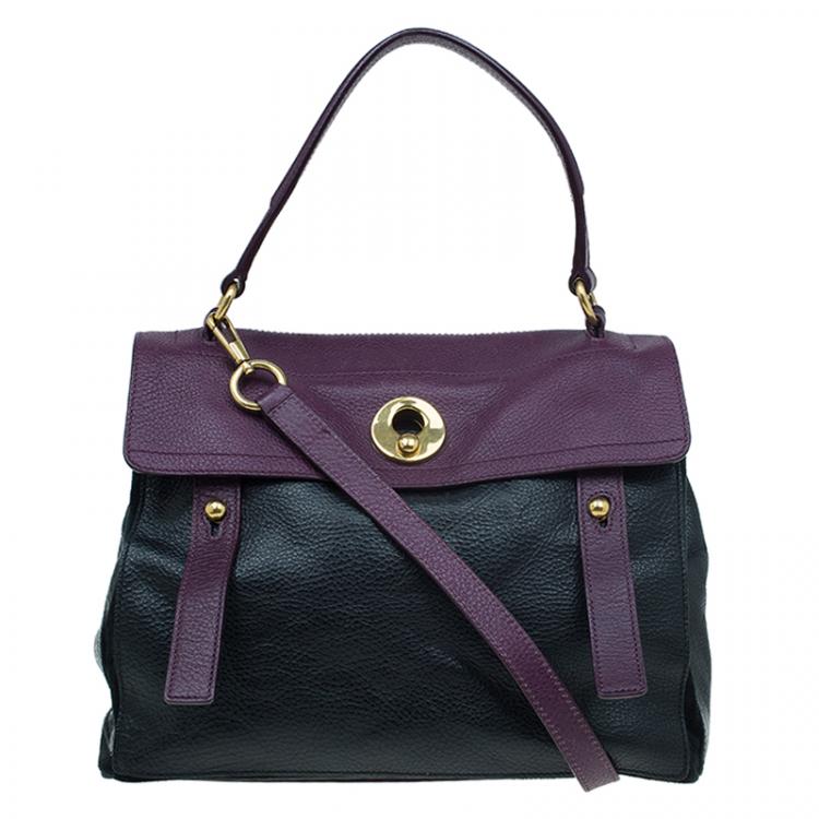 Pre Owned Saint Laurent Paris Black/Purple Leather Medium Muse Two Satchel