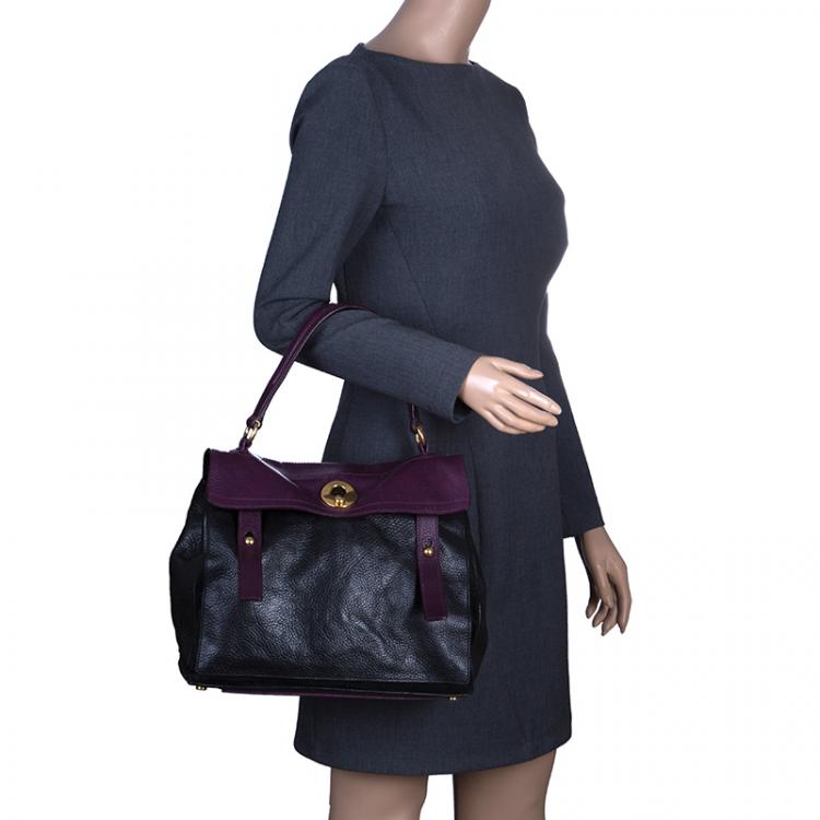 Pre Owned Saint Laurent Paris Black/Purple Leather Medium Muse Two Satchel