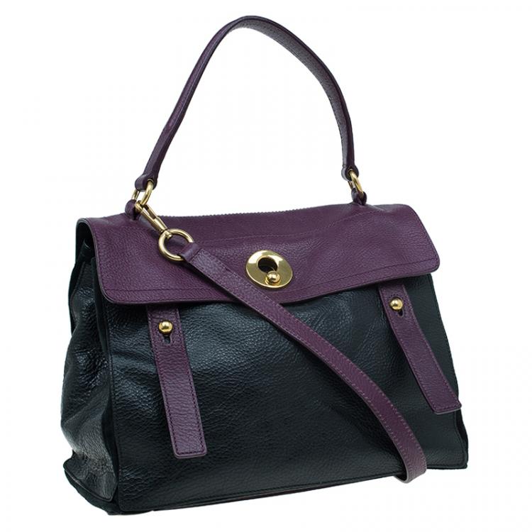 Pre Owned Saint Laurent Paris Black/Purple Leather Medium Muse Two Satchel