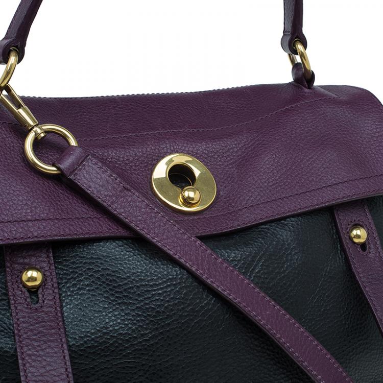 Pre Owned Saint Laurent Paris Black/Purple Leather Medium Muse Two Satchel