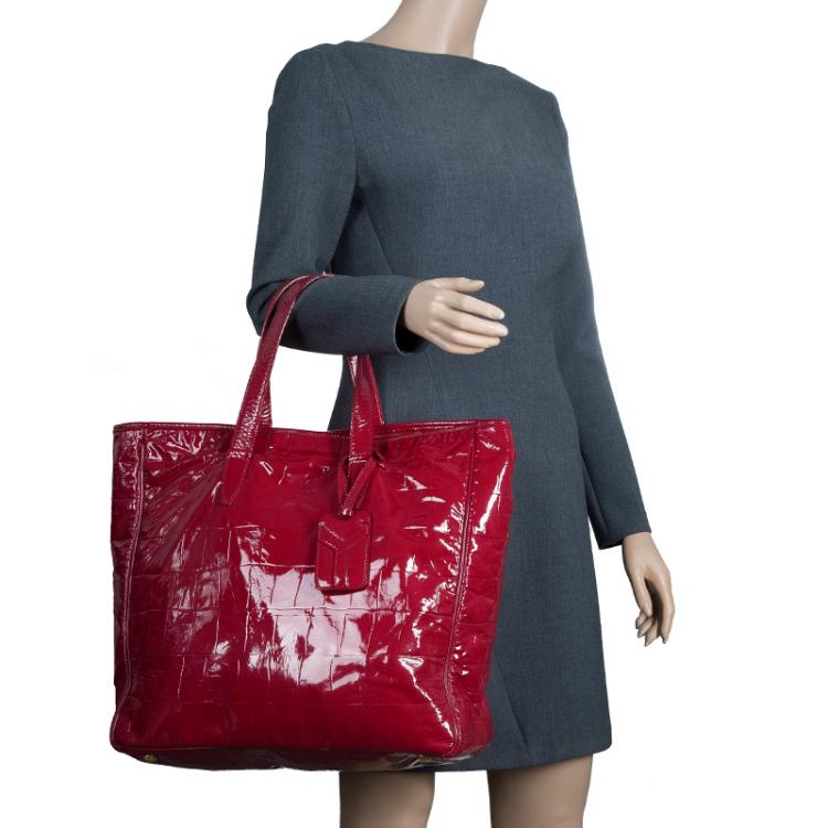 Pre Owned Saint Laurent Paris Red Croc Embossed Patent Leather Raspail North South Tote 