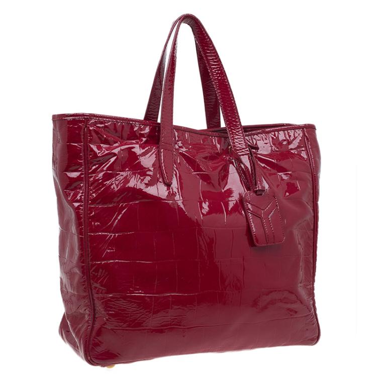 Pre Owned Saint Laurent Paris Red Croc Embossed Patent Leather Raspail North South Tote 
