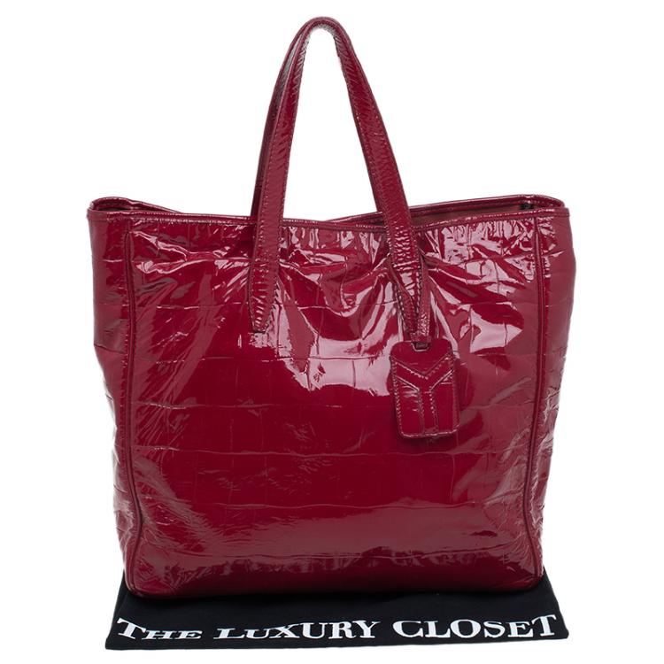 Pre Owned Saint Laurent Paris Red Croc Embossed Patent Leather Raspail North South Tote 