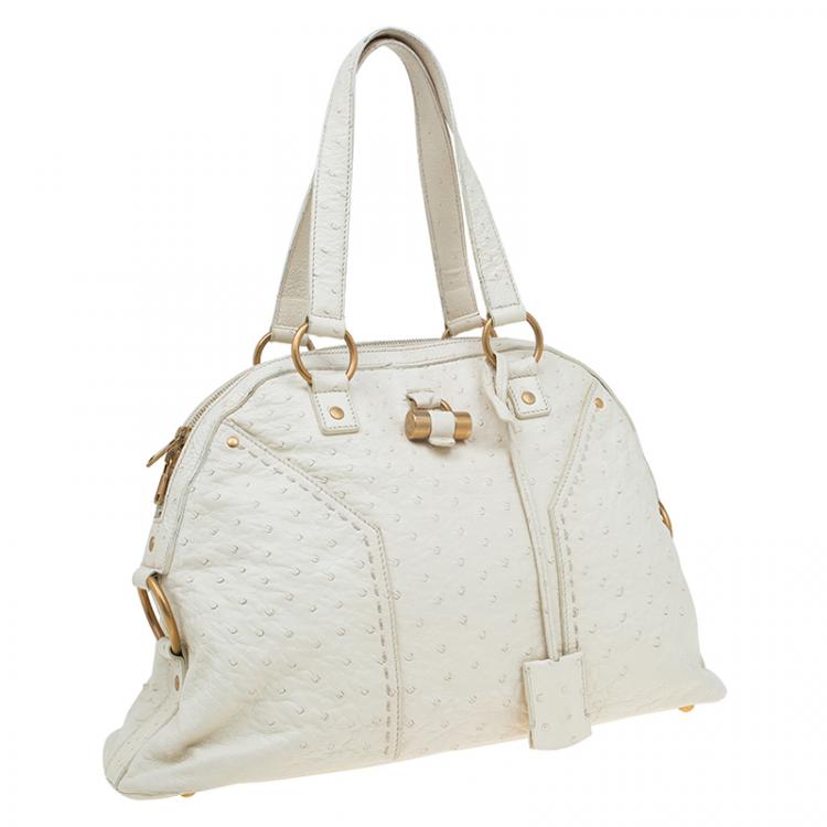 Pre Owned Saint Laurent Paris White Ostrich Large Muse Satchel