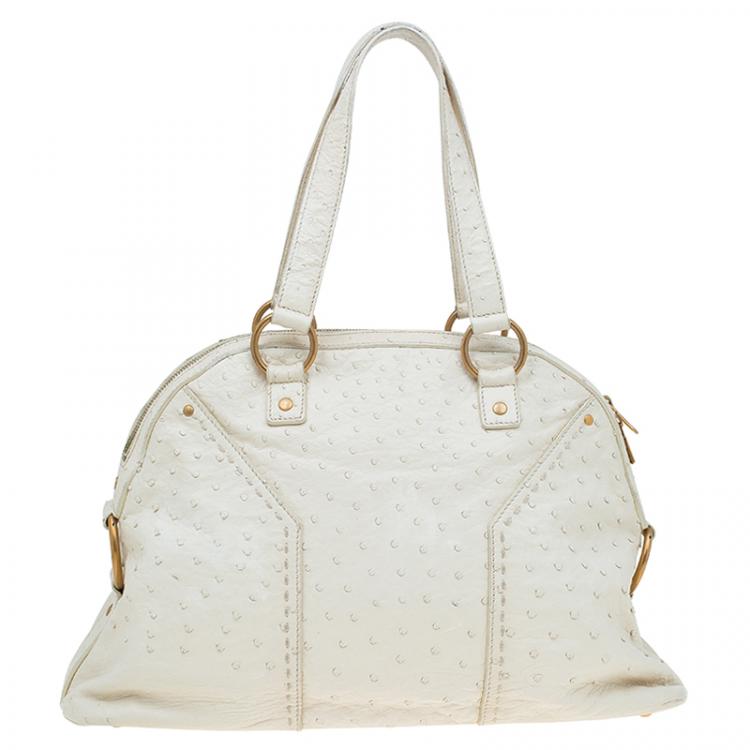 Pre Owned Saint Laurent Paris White Ostrich Large Muse Satchel