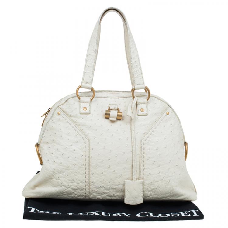 Pre Owned Saint Laurent Paris White Ostrich Large Muse Satchel