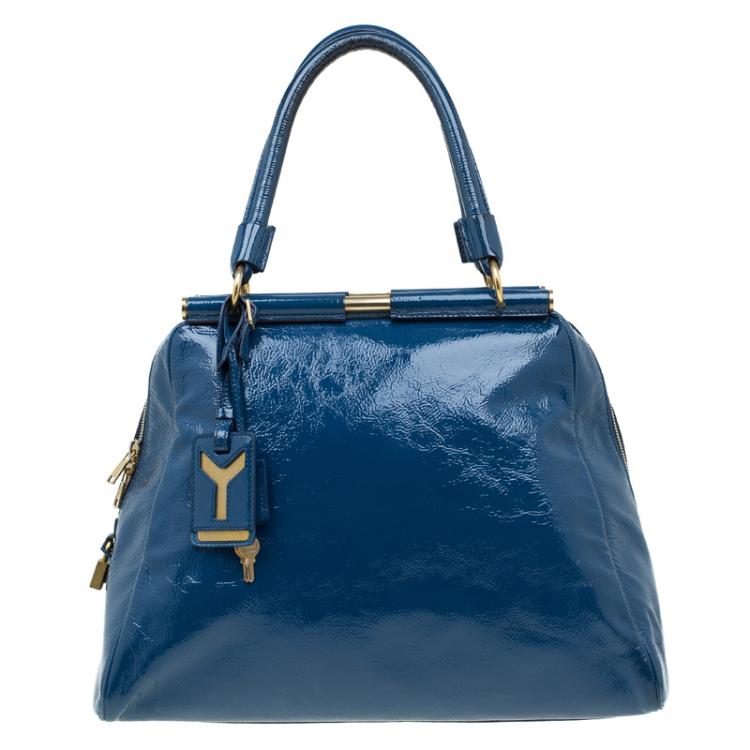 Pre Owned Saint Laurent Paris Aegean Patent Leather Medium Majorelle Tote