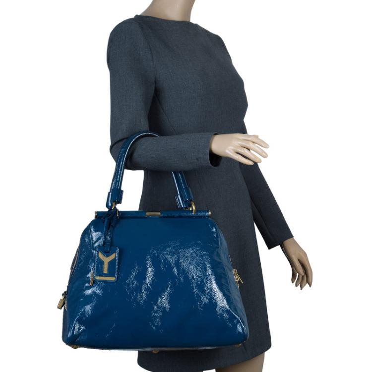 Pre Owned Saint Laurent Paris Aegean Patent Leather Medium Majorelle Tote